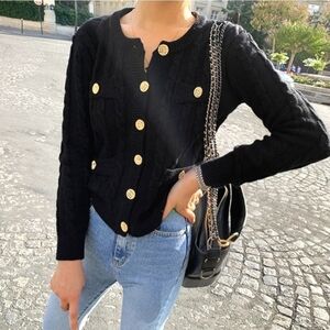 Black Knitted Gold Buttons Cardigan